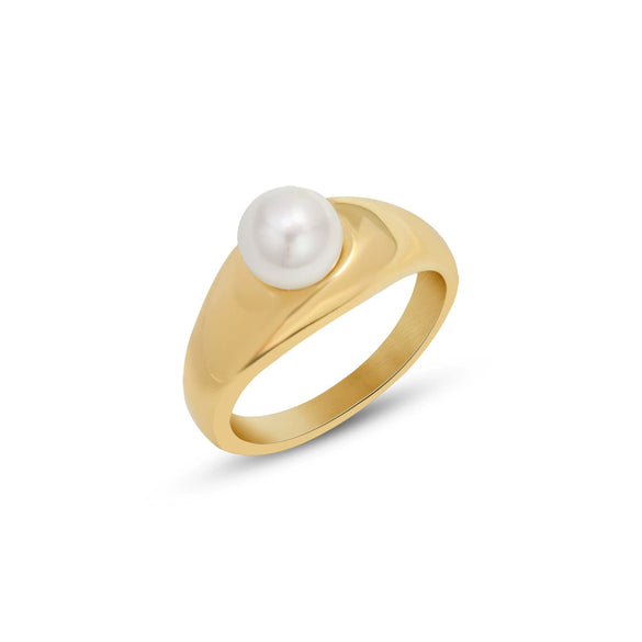 Wholesale Light Luxury Imitation Pearl Ring For Women Titanium Steel 18K Gold Plated Geometric Design