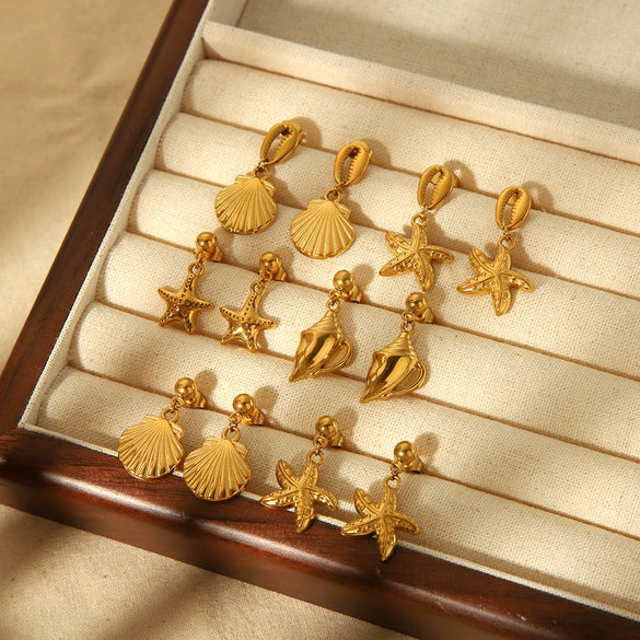 Wholesale Light Luxury Marine Series Stainless Steel Shell Earrings With 18K Gold Starfish Design Electroplated For Women
