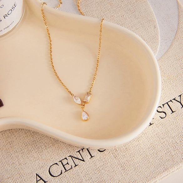 Wholesale Light Luxury Minimalist Geometric Drop Shape Zircon Stainless Steel Plated Jewelry Necklaces And Earrings For Women