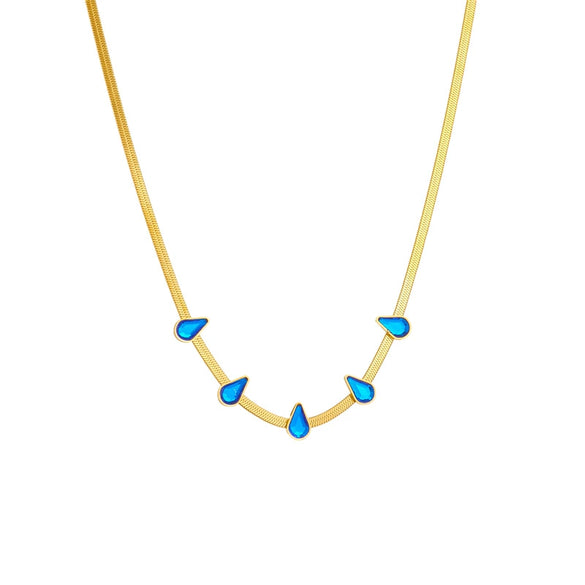 Wholesale Light Luxury Niche Gold Plated Blue Diamond Water Drop Titanium Steel Clavicle Chain Necklace With Electroplating And Geometric Design