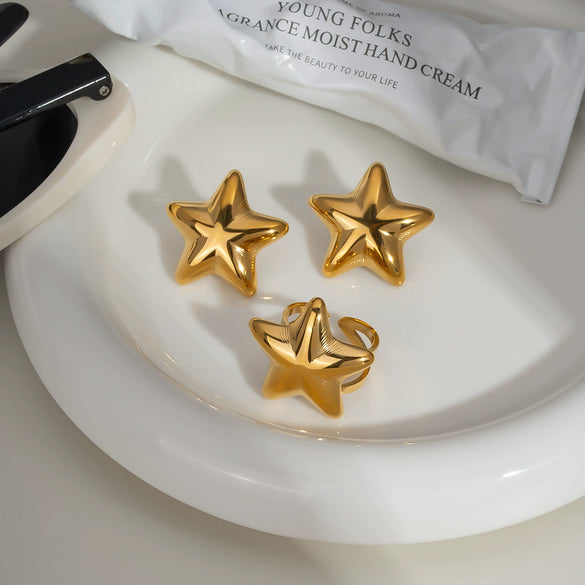 Wholesale Light Luxury Niche Titanium Steel Earrings And Ring Suit With Star Sun Moon Clouds Universe Pattern Pvd Furnace Vacuum Real Gold Plating For Women