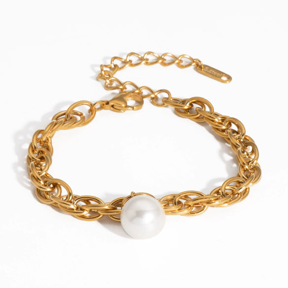Wholesale Light Luxury Personality Fashion Double Ring Chain Pearl Bracelet In Stainless Steel With Pvd Furnace Vacuum Real Gold Plating For Women