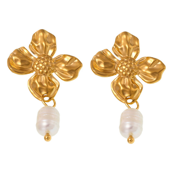 Wholesale Light Luxury Petal Tassel Freshwater Pearl Titanium Steel Flower Earrings For Women With Electroplating