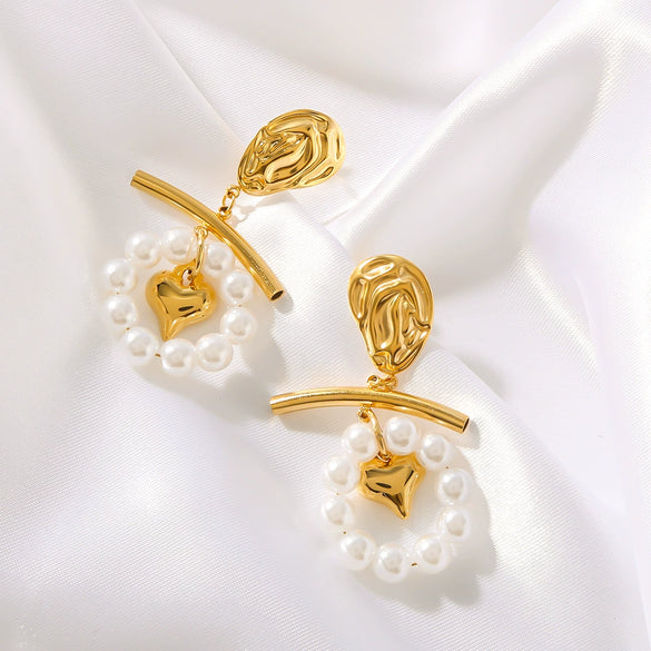 Wholesale Light Luxury Retro Embossed Stereo Heart Pearl Earrings For Women Stainless Steel 18K Vacuum Plated Ear Jewelry