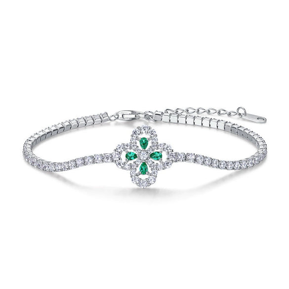 Wholesale Light Luxury Retro Fourleaf Clover Petal Bracelet S925 Silver Inlay Cultivation Emerald Geometric Design Women's