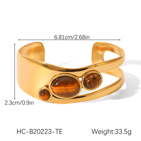 Wholesale Light Luxury Retro Threecolor Natural Stone Open Ring And Titanium Steel Bracelet In Geometric Pattern Set With Gems For Women Made Of Stainless Steel