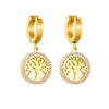 Wholesale Light Luxury Round Diamond Embedded Life Tree Earrings In Titanium Steel With Geometric Design And Electroplating Treatment