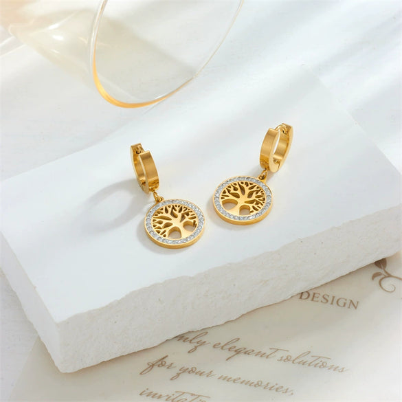 Wholesale Light Luxury Round Diamond Embedded Life Tree Earrings In Titanium Steel With Geometric Design And Electroplating Treatment