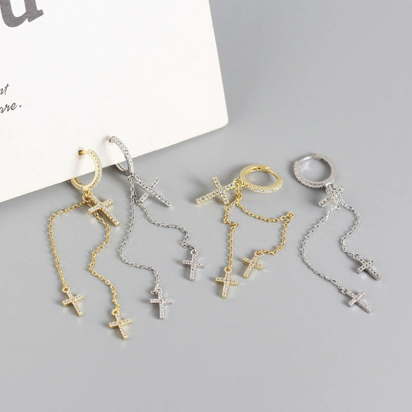 Wholesale Light Luxury S925 Sterling Silver Cross Diamond Tassel Ear Buckle Earrings With Electroplating