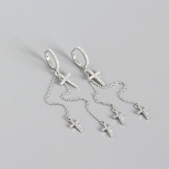 Wholesale Light Luxury S925 Sterling Silver Cross Diamond Tassel Ear Buckle Earrings With Electroplating