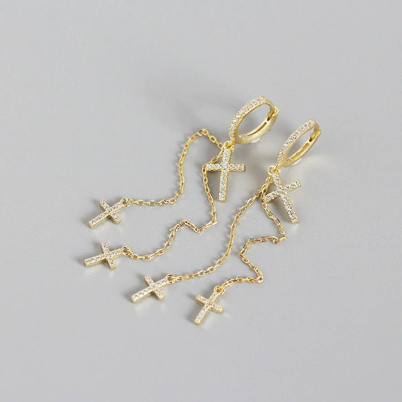 Wholesale Light Luxury S925 Sterling Silver Cross Diamond Tassel Ear Buckle Earrings With Electroplating