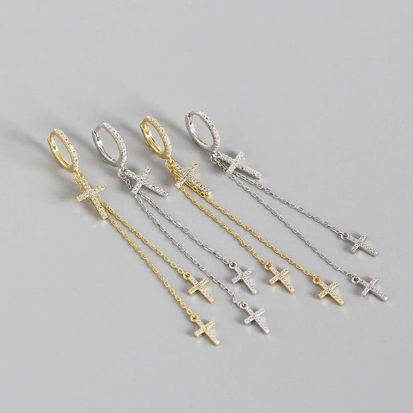 Wholesale Light Luxury S925 Sterling Silver Cross Diamond Tassel Ear Buckle Earrings With Electroplating