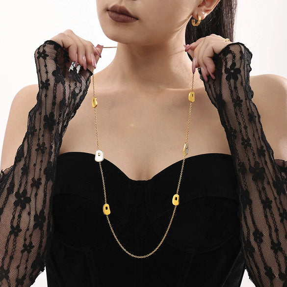 Wholesale Light Luxury 316L Stainless Steel And White Seashells Geometric Pattern Long Stacked Necklace For Women Electroplated