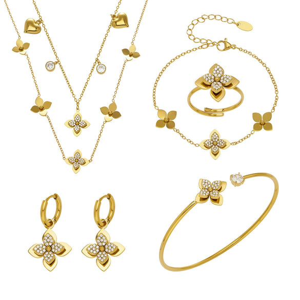 Wholesale Light Luxury Stainless Steel Electroplated Flowerinlaid Zircon Jewelry Set For Women