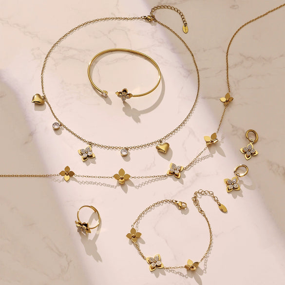 Wholesale Light Luxury Stainless Steel Electroplated Flowerinlaid Zircon Jewelry Set For Women