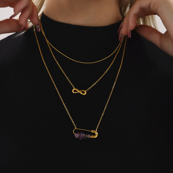 Wholesale Light Luxury Stainless Steel Natural Stone Freshwater Pearl Three Layer Necklace With 8 Character Rice Bead And Geometric Design Electroplated