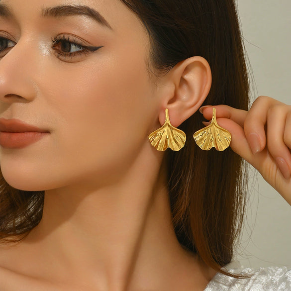 Wholesale Light Luxury Stainless Steel Stamped Geometric Leaf Pleated Earrings For Women
