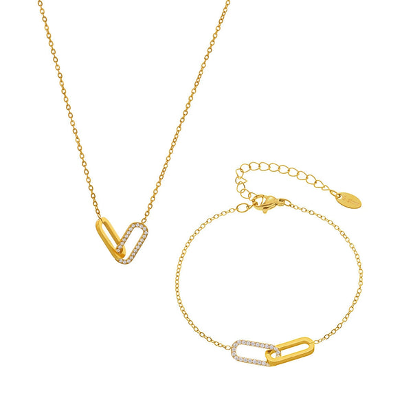 Wholesale Light Luxury 316L Stainless Steel Zircon Square Buckle Pendant Multilayer Clavicle Necklace And Bracelet Set With Electroplating