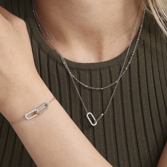 Wholesale Light Luxury Stainless Steel Zircon Square Interlocking Pendant Multilayer Clavicle Chain And Bracelet Set With Electroplating For Women