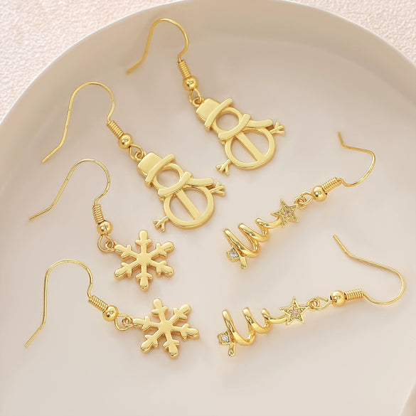 Wholesale Light Luxury Style Christmas Tree Snowman Snowflake Earrings For Women Copper Plated With 925 Silver Ear Needles