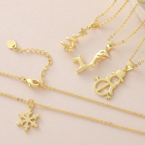 Wholesale Light Luxury Style Christmas Tree Snowman Snowflake Elk Pendant Necklace Copper Goldplated O Word Chain Unisex