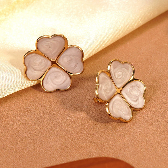 Wholesale Light Luxury Style Dripping Oil Four Leaf Clover And Flower Stainless Steel Earrings For Women