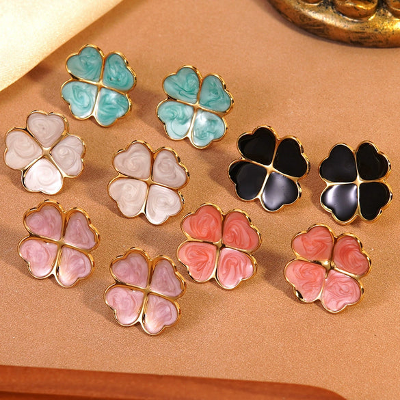 Wholesale Light Luxury Style Dripping Oil Four Leaf Clover And Flower Stainless Steel Earrings For Women