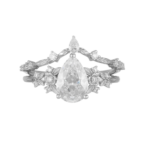 Wholesale Light Luxury Style Drop Shape Electroplated Silver Jewelry Set For Women Clavicle Chain And Ring With High Carbon Diamond And White Zirconium