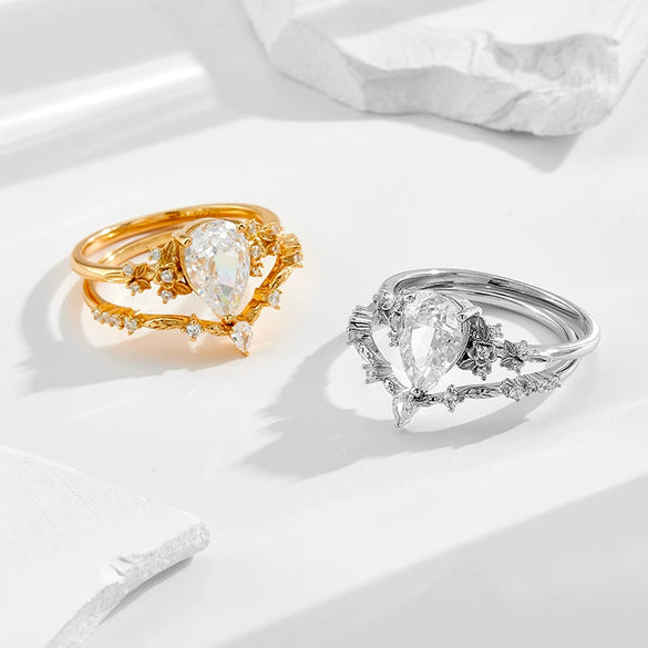 Wholesale Light Luxury Style Drop Shape Electroplated Silver Jewelry Set For Women Clavicle Chain And Ring With High Carbon Diamond And White Zirconium