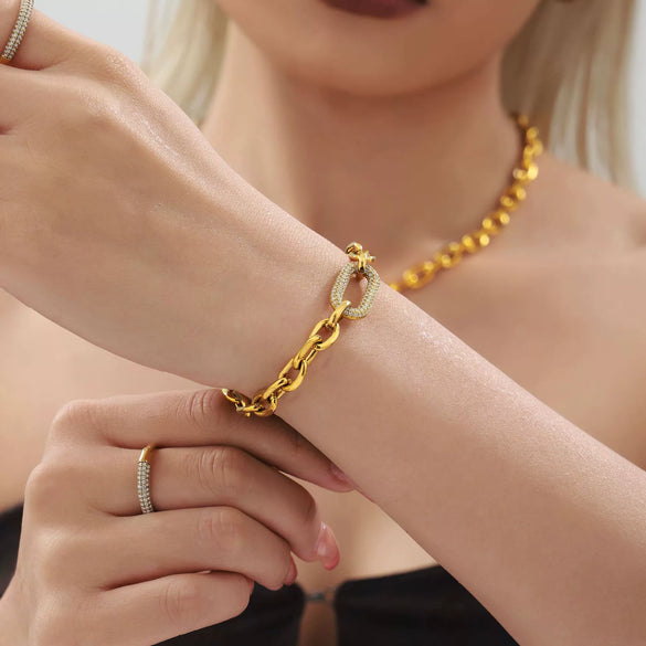 Wholesale Light Luxury Style Ferris Wheel Inlaid Zircon Stainless Steel Necklace Bracelet Jewelry Set For Women 18K Gold Plated