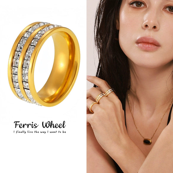 Wholesale Light Luxury Style Geometric Pattern Electroplated Stainless Steel Ferris Wheel Stars Full Diamond Inlaid Zircon Couple Ring For Women