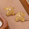 Wholesale Light Luxury Style Geometric Stamped Stainless Steel Pearl Flower Earrings For Women