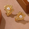 Wholesale Light Luxury Style Geometric Stamped Stainless Steel Pearl Flower Earrings For Women