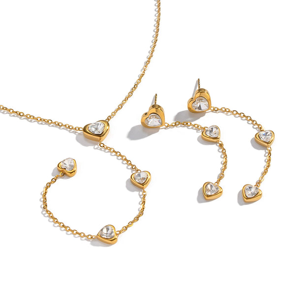 Wholesale Light Luxury Style Heart Water Drop Bell Pattern Zircon Titanium Steel Electroplated Earrings And O Word Chain Necklace Set For Women
