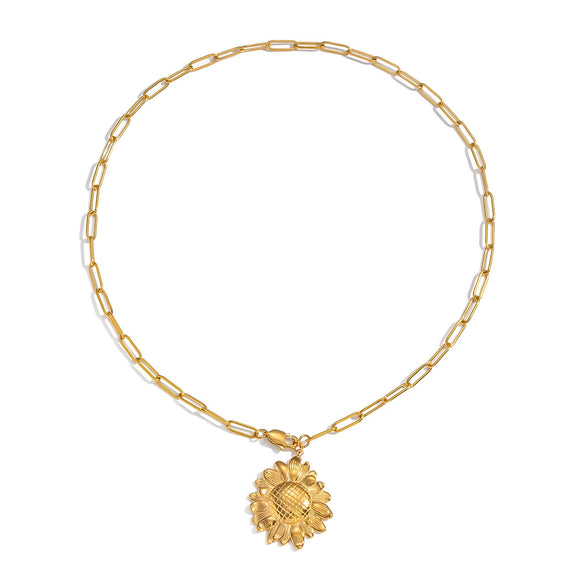 Wholesale Light Luxury Style 18K Real Gold Plated Sunflower Pendant Necklace With Paper Clip Chain For Women