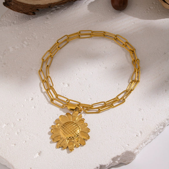 Wholesale Light Luxury Style 18K Real Gold Plated Sunflower Pendant Necklace With Paper Clip Chain For Women