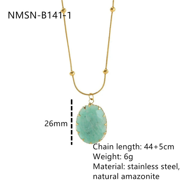 Wholesale Light Luxury Style Oval Natural Stone Pendant Stainless Steel Turquoise Necklace Set With Gems Geometric Design For Women