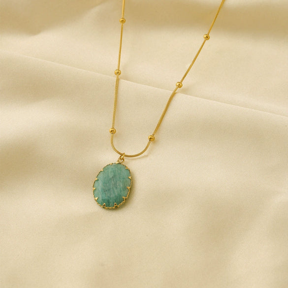 Wholesale Light Luxury Style Oval Natural Stone Pendant Stainless Steel Turquoise Necklace Set With Gems Geometric Design For Women