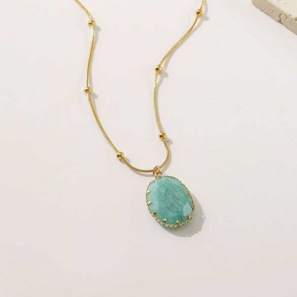 Wholesale Light Luxury Style Oval Natural Stone Pendant Stainless Steel Turquoise Necklace Set With Gems Geometric Design For Women