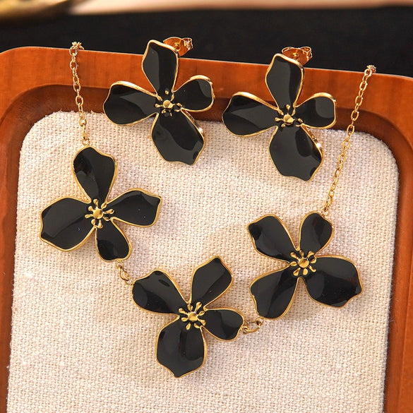 Wholesale Light Luxury Style Plants And Flowers Dripping Oil Stainless Steel Necklace And Earrings Set For Women