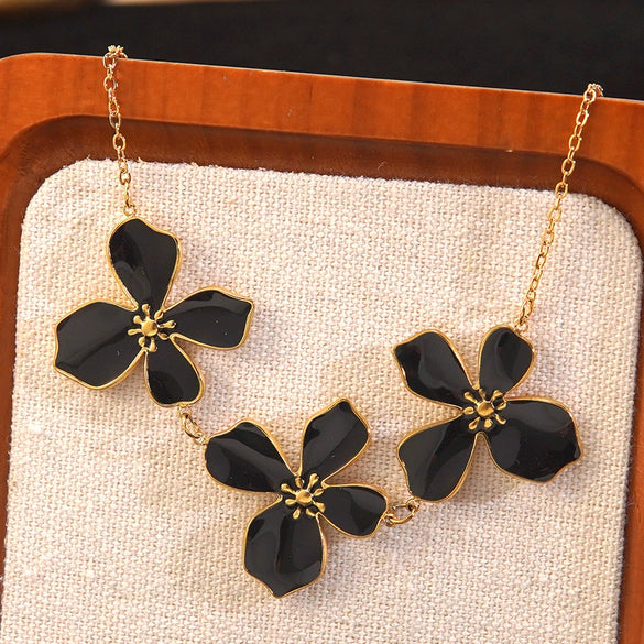 Wholesale Light Luxury Style Plants And Flowers Dripping Oil Stainless Steel Necklace And Earrings Set For Women