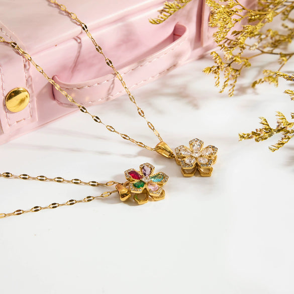 Wholesale Light Luxury Style Rotatable Geometric Flower Zircon Stainless Steel Electroplated Pendant Necklace For Women