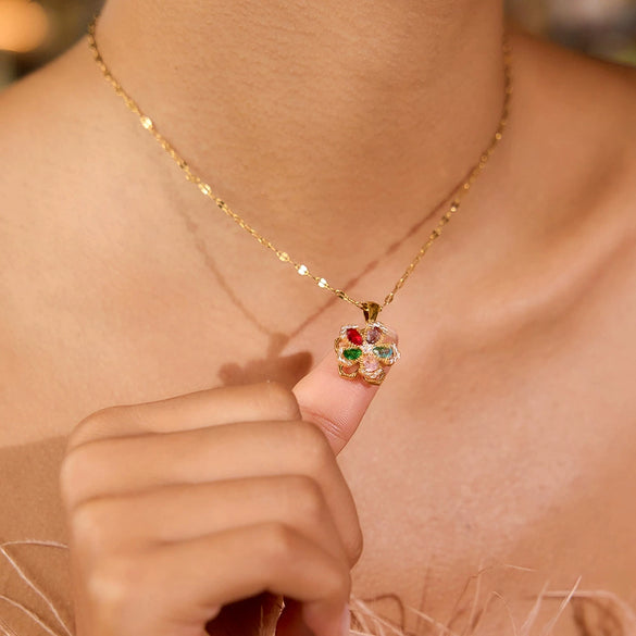 Wholesale Light Luxury Style Rotatable Geometric Flower Zircon Stainless Steel Electroplated Pendant Necklace For Women
