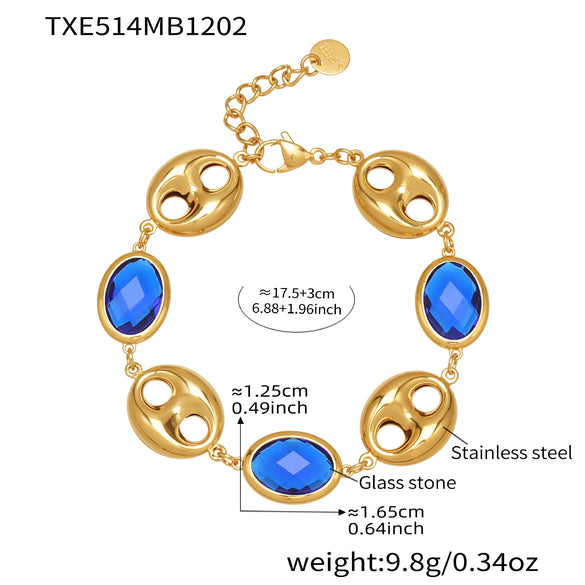 Wholesale Light Luxury Style Stainless Steel And Zircon Electroplated Pig Nose Edge Glass Stone Bracelet And Necklace Set For Women