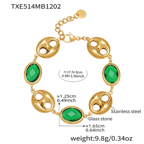 Wholesale Light Luxury Style Stainless Steel And Zircon Electroplated Pig Nose Edge Glass Stone Bracelet And Necklace Set For Women