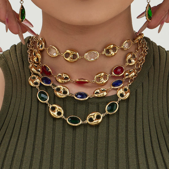 Wholesale Light Luxury Style Stainless Steel And Zircon Electroplated Pig Nose Edge Glass Stone Bracelet And Necklace Set For Women