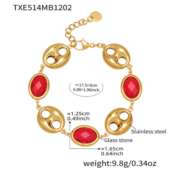 Wholesale Light Luxury Style Stainless Steel And Zircon Electroplated Pig Nose Edge Glass Stone Bracelet And Necklace Set For Women