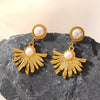 Wholesale Light Luxury Style Stainless Steel Electroplated Flower Pearl Fanshaped Earrings For Women