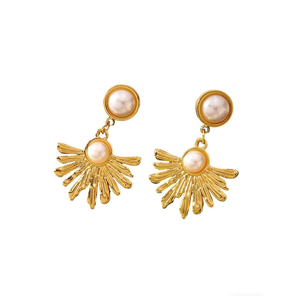 Wholesale Light Luxury Style Stainless Steel Electroplated Flower Pearl Fanshaped Earrings For Women