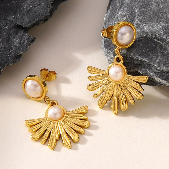 Wholesale Light Luxury Style Stainless Steel Electroplated Flower Pearl Fanshaped Earrings For Women